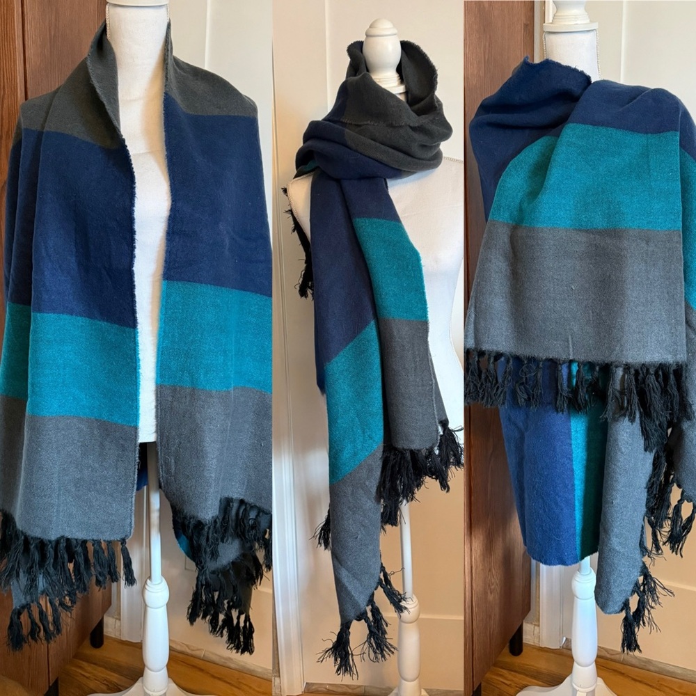 Blue, turquoise, and charcoal shawl